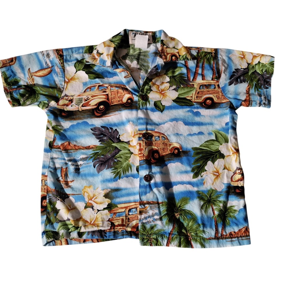 Ky's Hawiian Boys Size 4 Button Down Palm Trees Woody Shirt